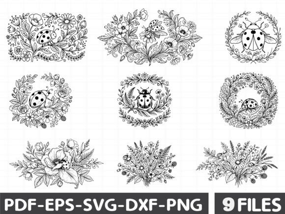 Cute Ladybug Floral Line Art Bundle Graphics