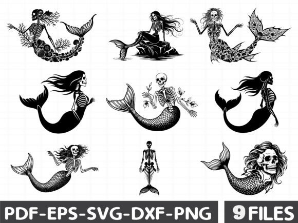 Mermaid Skeleton Silhouette Clipart Graphics